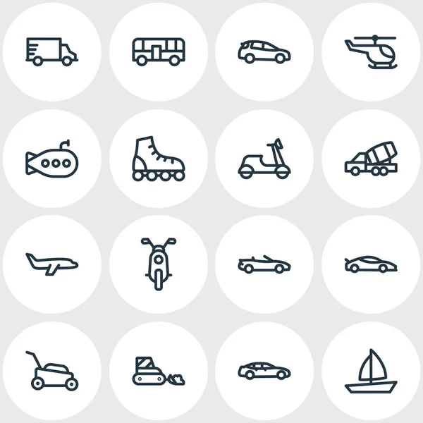 Ilustración vectorial de 16 iconos de transporte estilo línea. Conjunto editable de submarino, autobus, coche de construcción y otros elementos del icono . — Vector de stock