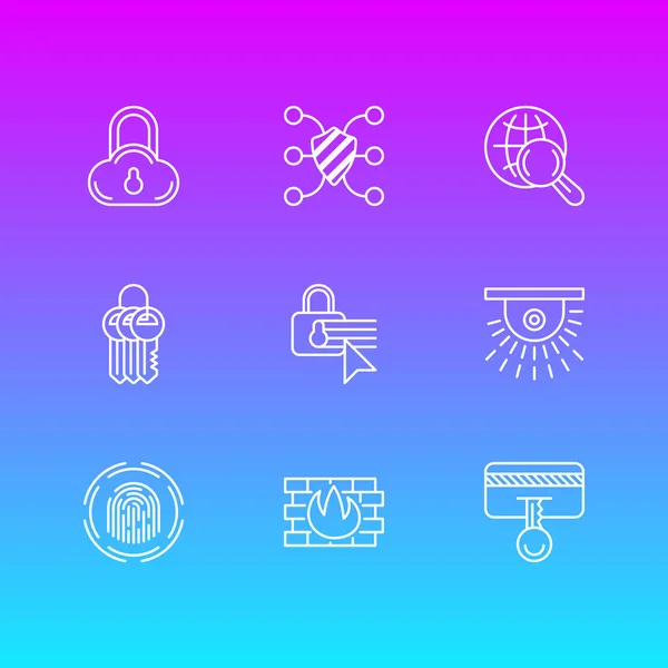 Vektor illustration af 9 data ikoner linje stil. Redigerbart sæt af sikker søgning, sikkerhedsindstillinger, nøglering og andre ikon elementer . – Stock-vektor