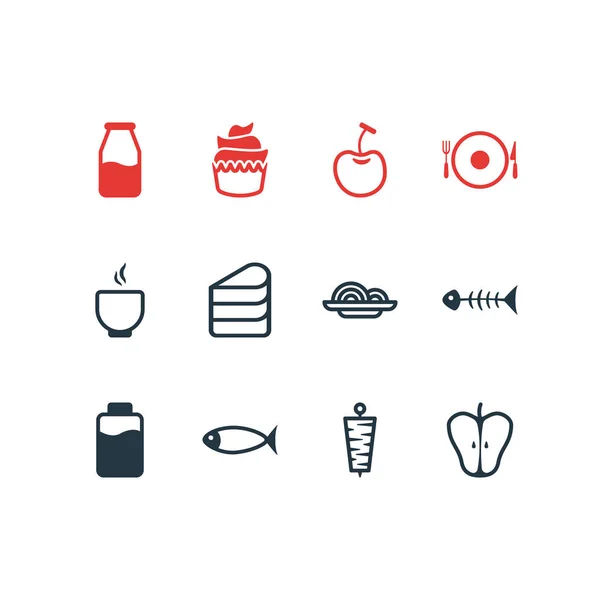 Ilustración vectorial de 12 iconos de comida estilo línea. Conjunto editable de rodajas de manzana, cereza, fideos y otros elementos del icono . — Archivo Imágenes Vectoriales