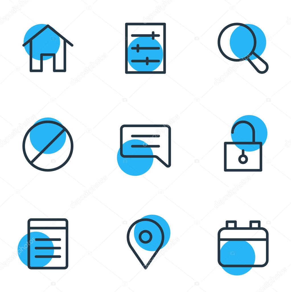 Vector illustration of 9 annex icons line style. Editable set of setting, location, home and other icon elements.