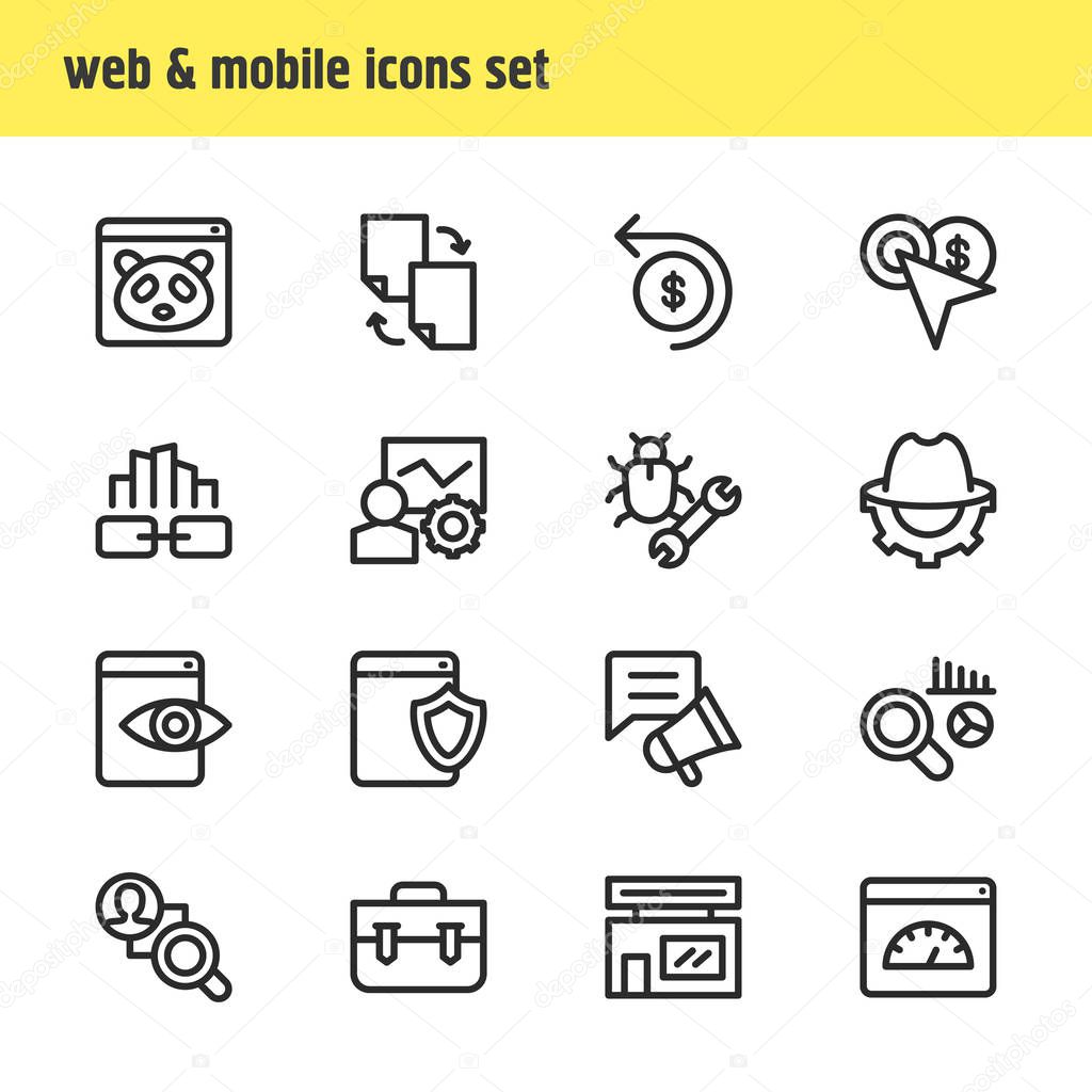 Vector illustration of 16 advertisement icons line style. Editable set of competitor analysis, page speed, social media campaign and other icon elements.