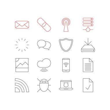 16 web simgeler çizgi stili Illustration. Sohbet, onaylanmış sayfa, telefon ve diğer simge öğeleri düzenlenebilir kümesi.