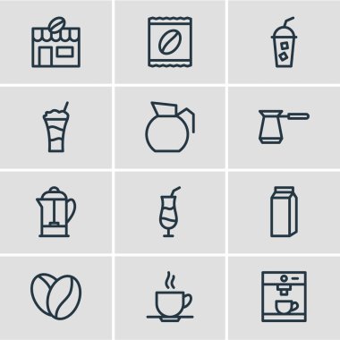 12 kahve simgeler çizgi stili Illustration. Kahve makinesi, soğuk içecek, kafe ve diğer simge öğeleri düzenlenebilir kümesi.