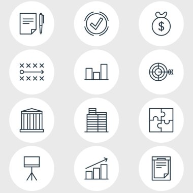 12 yönetim simgeleri çizgi stili Illustration. Düzenlenebilir belge, sözleşme, bulmaca ve diğer simge öğeleri kümesi.