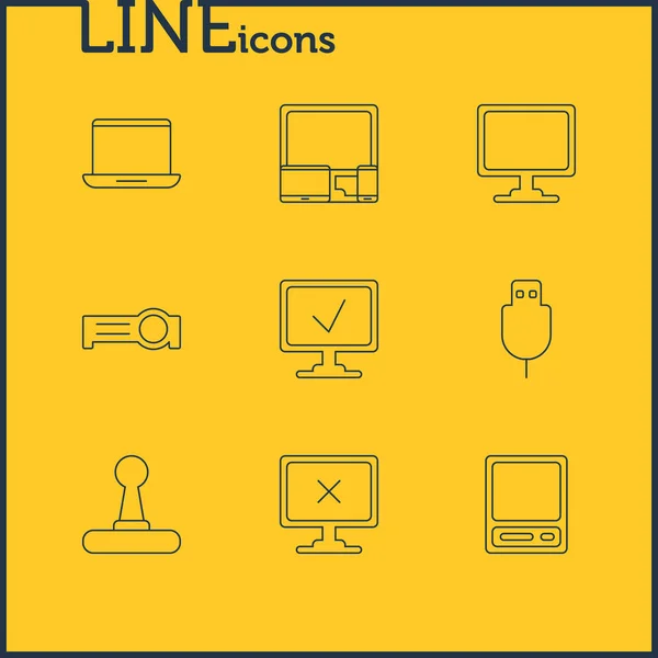 Ilustración de 9 iconos portátiles estilo de línea. Conjunto editable de cable USB, reflector, acceso aprobado y otros elementos del icono . —  Fotos de Stock