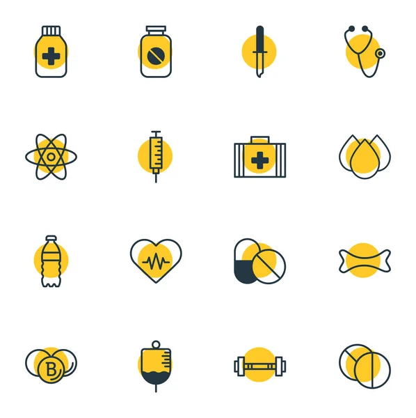 Ilustração de 16 ícones de medicina estilo linha. Conjunto editável de medicamento, seringa, coração com cardiograma e outros elementos de ícones . — Fotografia de Stock