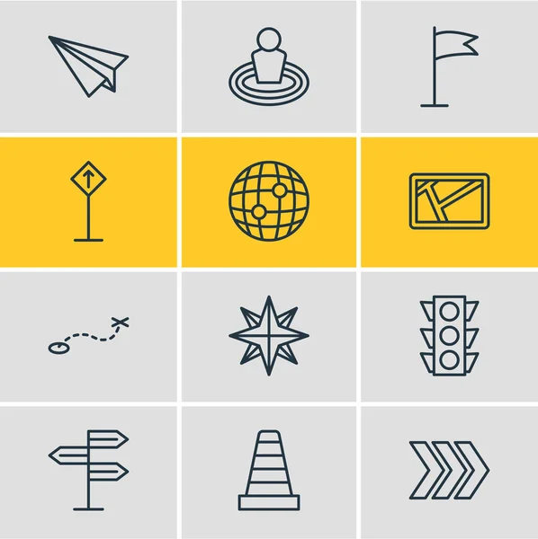 Illustratie van 12 navigatie pictogrammen lijnstijl. Kegel, globe, richting en andere elementen van het pictogram bewerkbaar set. — Stockfoto