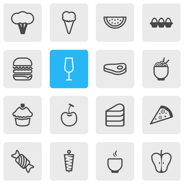 Ilustración de 16 iconos de comida estilo de línea. Conjunto editable de magdalenas, carne cruda, pizzería y otros elementos del icono . —  Fotos de Stock
