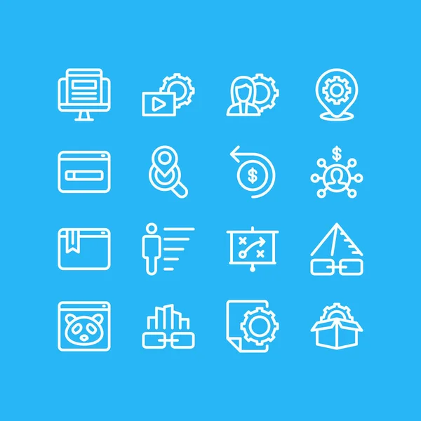 Ilustración de 16 iconos de publicidad estilo de línea. Conjunto editable de servicio de marcadores, informe SEO, video marketing y otros elementos del icono . —  Fotos de Stock