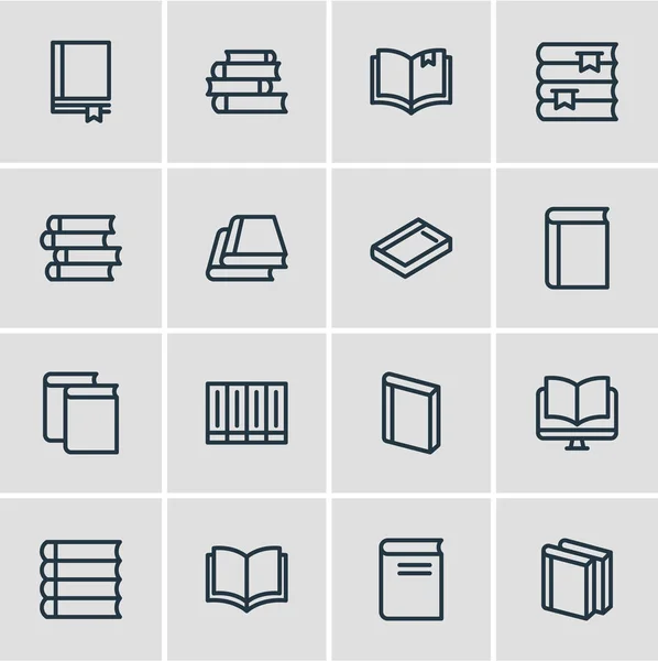 Illustratie van 16 boek pictogrammen lijnstijl. Publiceren-, banket-, literatuur- en andere elementen van het pictogram bewerkbaar set. — Stockfoto