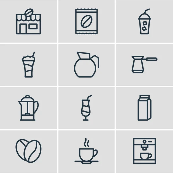 Illustratie van 12 koffie pictogrammen lijnstijl. Koffiezetapparaat, koud drankje, café en andere elementen van het pictogram bewerkbaar set. — Stockfoto