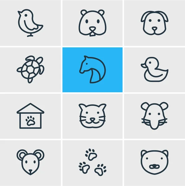 Illustration du style de ligne des 12 icônes du zoo. Ensemble modifiable de chien, hamster, animal de compagnie et autres éléments d'icône . — Photo