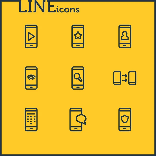 Ilustración de 9 iconos de teléfonos inteligentes estilo de línea. Conjunto editable de juego, chat, búsqueda y otros elementos del icono . — Foto de Stock