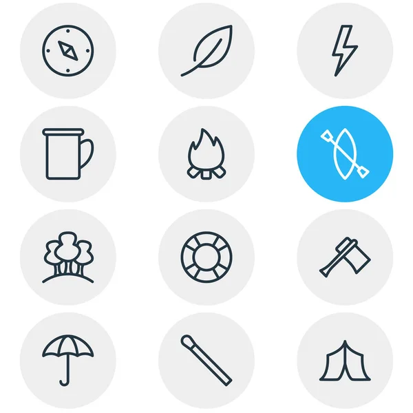 Illustrazione di 12 icone del campo stile linea. Set modificabile di fiammiferi, foreste, fulmini e altri elementi icona . — Foto Stock