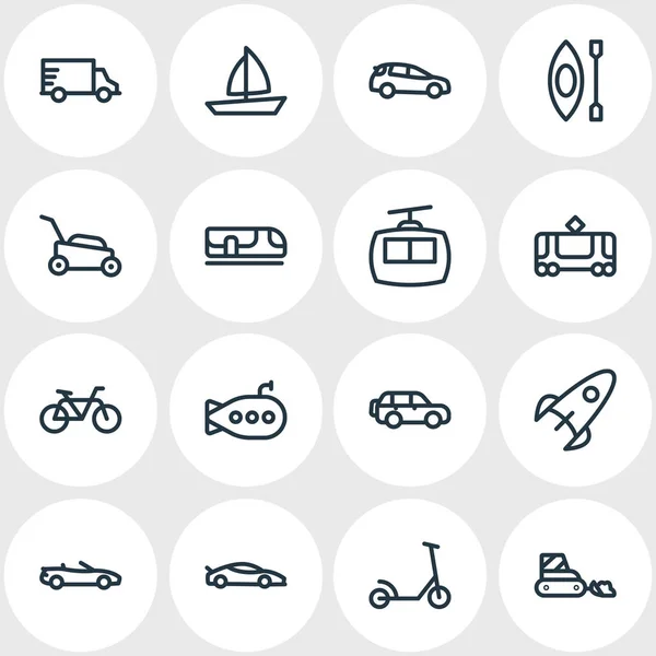 Illustratie van 16 vervoer pictogrammen lijnstijl. Raket, suv, kajak en andere elementen van het pictogram bewerkbaar set. — Stockfoto