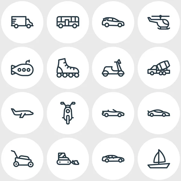 Illustrazione di 16 icone del veicolo stile linea. Set modificabile di sottomarini, autobus, auto da costruzione e altri elementi icona . — Foto Stock