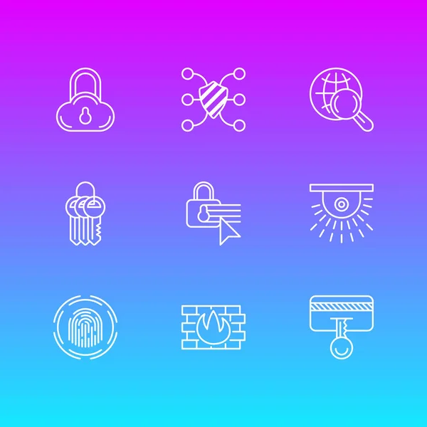 Ilustración de 9 iconos de seguridad estilo de línea. Conjunto editable de búsqueda segura, ajustes de seguridad, llavero y otros elementos del icono . — Foto de Stock