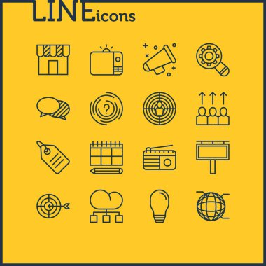 Vektör çizim simgeler çizgi stili reklam 16. Crm, araştırma, çözüm ve diğer simge öğeleri düzenlenebilir kümesi.