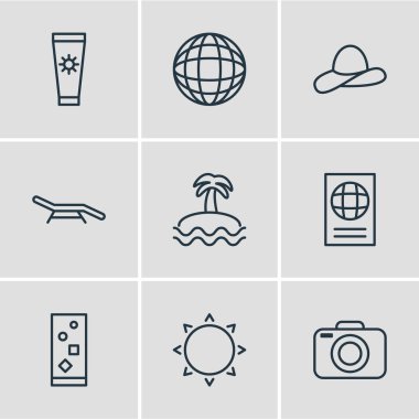 9 sezon simgeler çizgi stili vektör Illustration. Güneş, pasaport, kamera ve diğer simge öğeleri düzenlenebilir kümesi.