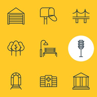 9 kentsel simgeleri çizgi stili vektör Illustration. Köprü, garaj, postbox ve diğer simge öğeleri düzenlenebilir kümesi.