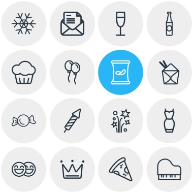 16 parti simgeler çizgi stili vektör Illustration. Balon, şampanya, kuyu ve diğer simge öğeleri düzenlenebilir kümesi.