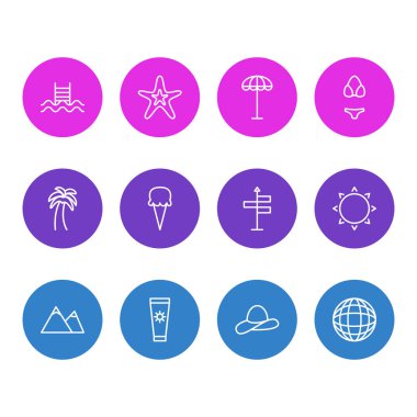 12 yaz simgeler çizgi stili vektör Illustration. Sunscreem, palmiye, şemsiye ve diğer simge öğeleri düzenlenebilir kümesi.