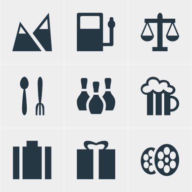 9 harita simgeler vektör Illustration. Portföy, dağ, Restoran ve diğer simge öğeleri düzenlenebilir kümesi.