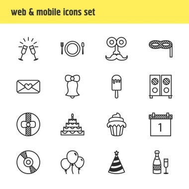 16 ziyafet simgeler çizgi stili vektör Illustration. Balon, çanak, hoparlör ve diğer simge öğeleri düzenlenebilir kümesi.