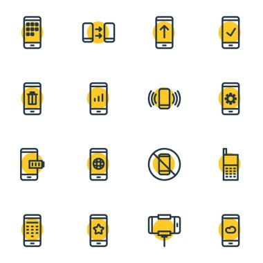 16 telefon simgeleri çizgi stili vektör Illustration. Giriş kodu, arama, yasak ve diğer simge öğeleri düzenlenebilir kümesi.