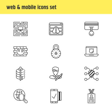 12 güvenlik simgeleri çizgi stili vektör Illustration. Veri şifreleme, mobil hareket, kişisel bilgileri ve diğer simge öğeleri düzenlenebilir kümesi.