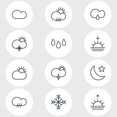 12 hava simgeleri çizgi stili vektör Illustration. Gale, gündoğumu, damla ve diğer simge öğeleri düzenlenebilir kümesi.