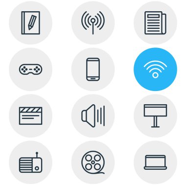 12 medya simgeleri çizgi stili vektör Illustration. Yazı, film makaraları, oyun kumandası ve diğer simge öğeleri kümesini düzenlenebilir.