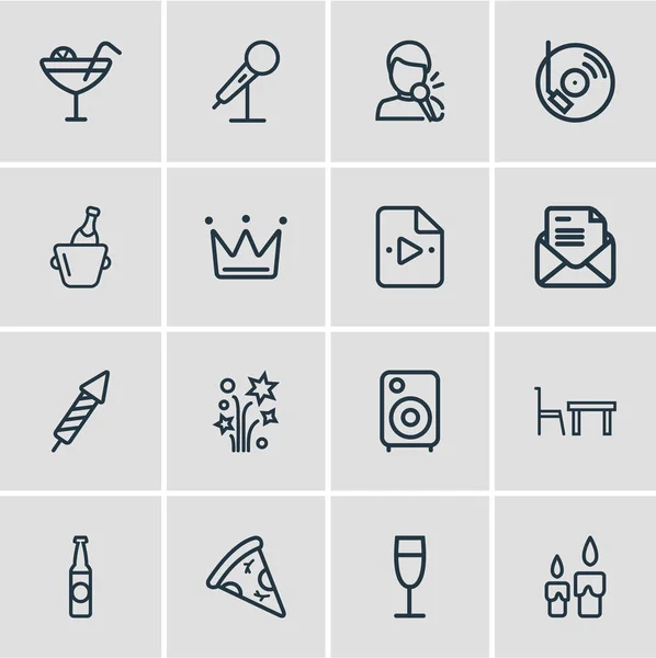 Ilustración vectorial de 16 iconos de eventos estilo de línea. Conjunto editable de invitación, champán, fuegos artificiales y otros elementos del icono . — Archivo Imágenes Vectoriales