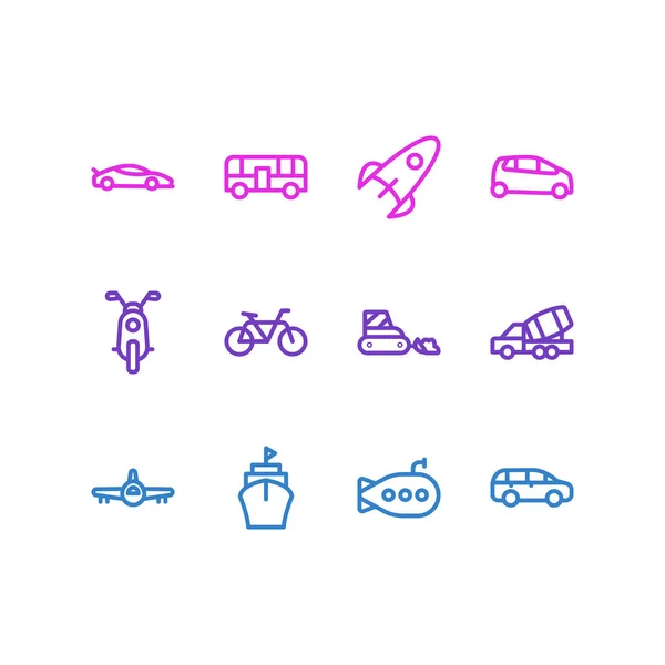 Ilustración vectorial de 12 iconos de tránsito estilo de línea. Conjunto editable de submarino, coche de construcción, supermini y otros elementos del icono . — Vector de stock