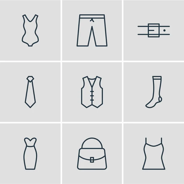 Illustration vectorielle de 9 icônes de vêtements style ligne. Ensemble modifiable de cravate, robe de soirée, shorts et autres éléments d'icône . — Image vectorielle