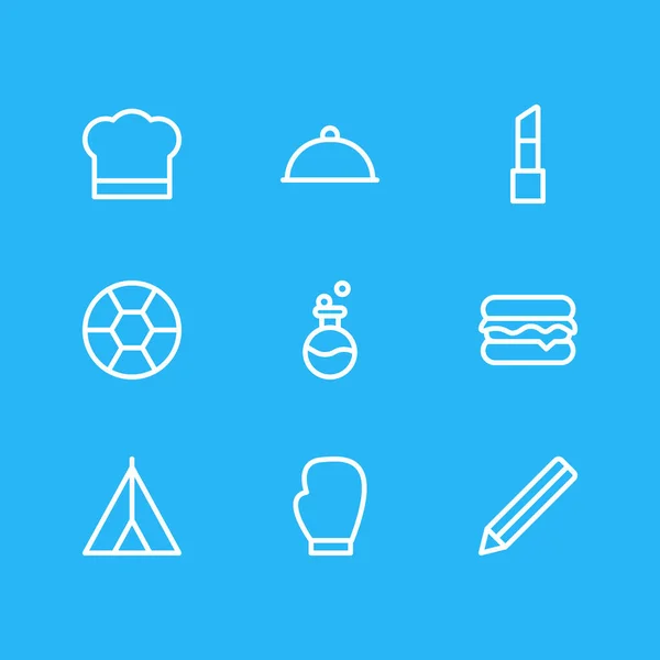 Ilustración vectorial de 9 iconos de estilo de vida estilo de línea. Conjunto editable de frasco, catering, guante de caja y otros elementos del icono . — Archivo Imágenes Vectoriales