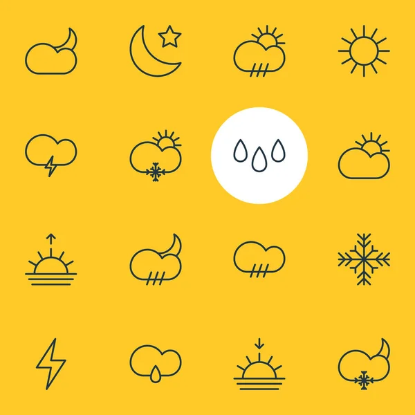 Векторная иллюстрация стиля 16 иконок атмосферы. Набор символов восхода солнца, полумесяца, капли дождя и других символов . — стоковый вектор