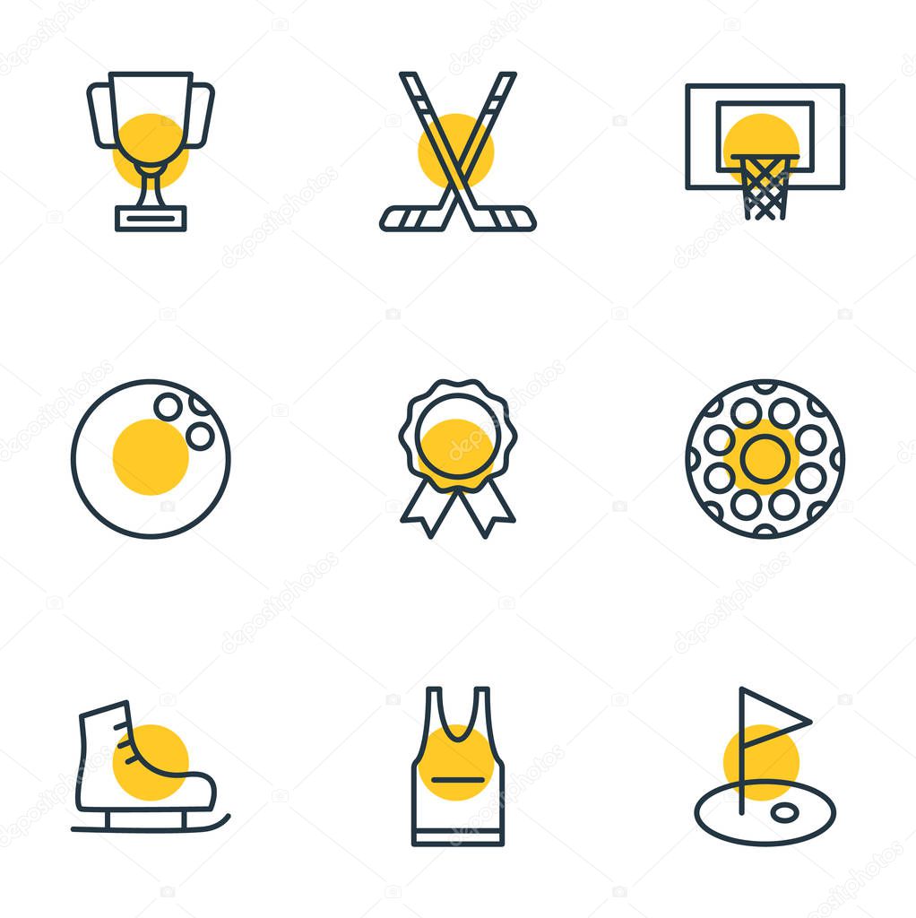 Vector illustration of 9 sport icons line style. Editable set of uniform, pennant, reward and other icon elements.