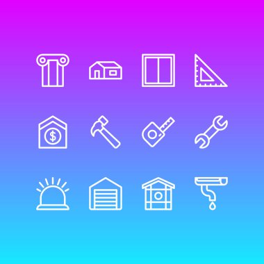 12 sanayi simgeleri çizgi stili Illustration. Düzenlenebilir kümesi satmak evi, oluk, pencere ve diğer simge öğeleri.