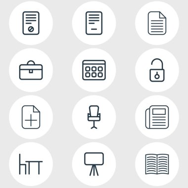 12 büro simgeler çizgi stili Illustration. Ekle, Portföy, gazete ve diğer simge öğeleri düzenlenebilir kümesi.