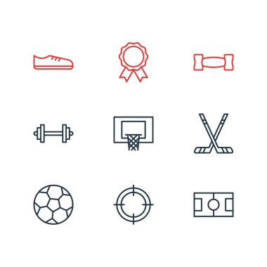 9 atletik simgeler çizgi stili Illustration. Ödül, halter, dambıl ve diğer simge öğeleri düzenlenebilir kümesi.