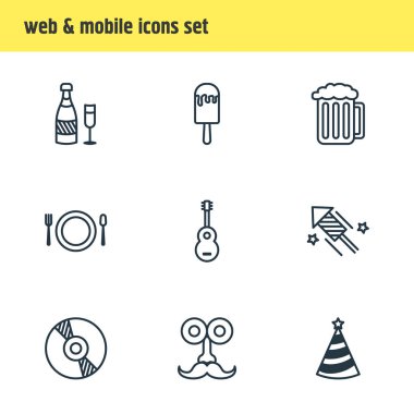 9 Bayramı simgeler çizgi stili Illustration. Dondurma, gitar, parti şapkası ve diğer simge öğeleri düzenlenebilir kümesi.