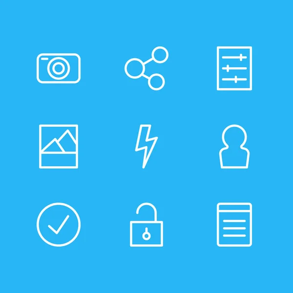 illustration of 9 application icons line style. Editable set of camera, member, check and other icon elements.