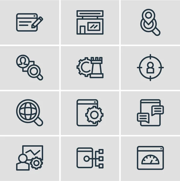 Ilustración de 12 iconos de publicidad estilo de línea. Conjunto editable de búsqueda global, comentarios en blogs, servicio de desarrollo web y otros elementos de iconos . — Foto de Stock