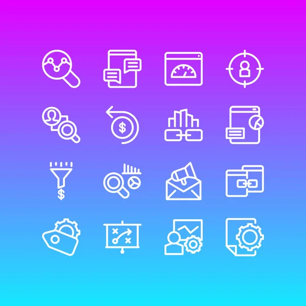 Ilustración de 16 iconos de publicidad estilo de línea. Conjunto editable de análisis de competidores, comentarios en blogs, contenido relacionado y otros elementos de iconos . —  Fotos de Stock