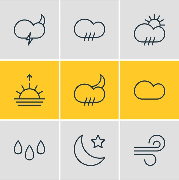 Illustratie van 9 hemel pictogrammen lijnstijl. Drop, wind, sneeuwstorm en andere elementen van het pictogram bewerkbaar set. — Stockfoto