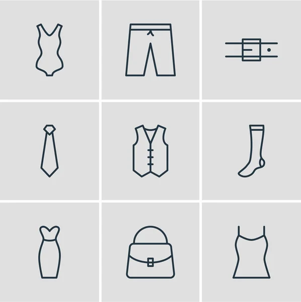 Ilustración de 9 iconos de prendas de vestir estilo de línea. Conjunto editable de corbata, vestido de noche, pantalones cortos y otros elementos del icono . —  Fotos de Stock