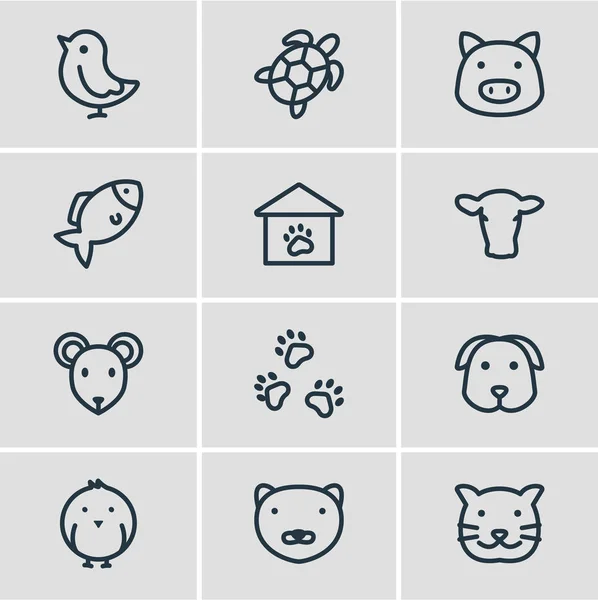 12动物图标线样式的例证。可编辑的水貂, 猪, 宠物房子和其他图标元素集. — 图库照片
