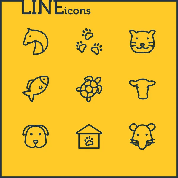illustration of 9 animal icons line style. Editable set of cow, cat, rat and other icon elements.