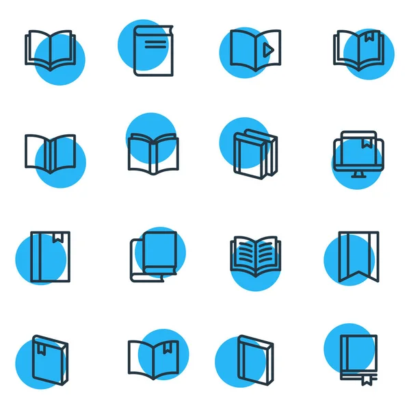Illustratie van 16 boek pictogrammen lijnstijl. Bewerkbare set leer, boekhandel, studie en andere elementen van het pictogram. — Stockfoto